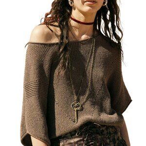 Fall 2025 Promesa Espresso Short Sleeve Pointelle Knit Off Shoulder Sweater